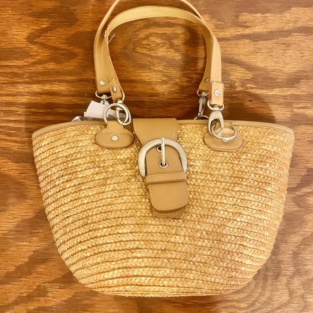 NWOT St. John’s Bay Tan Straw Satchel Summer Tote with Beige Trim - Picture 2 of 13